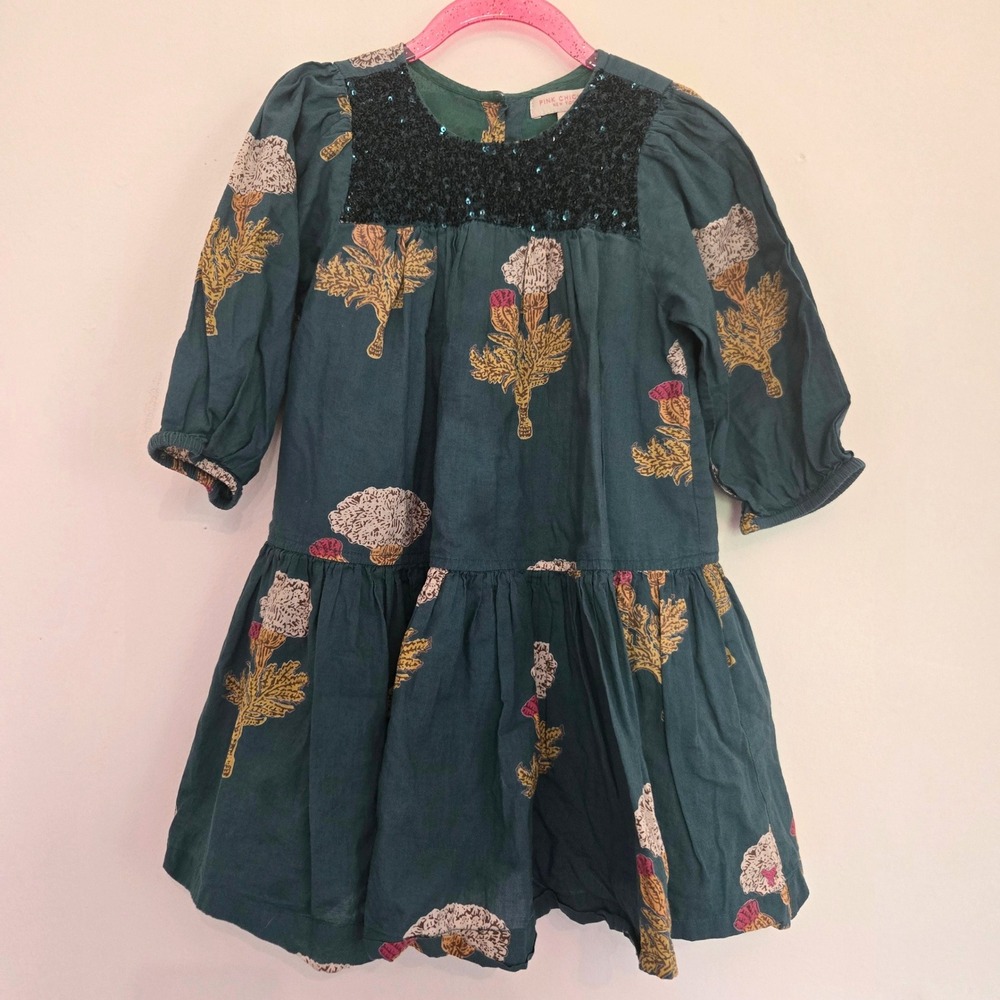 Pink Chicken Girls Teal Green Sequin Floral Cotton Gauze Tiered Dress‎ Size 5Y